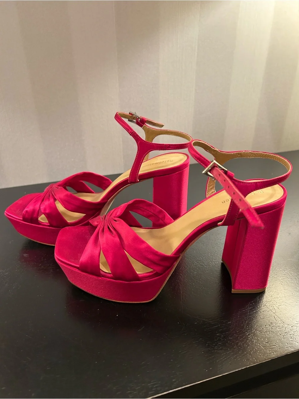 Reformation Monetta Women's Satin Platform Sandal  in Magenta Pink